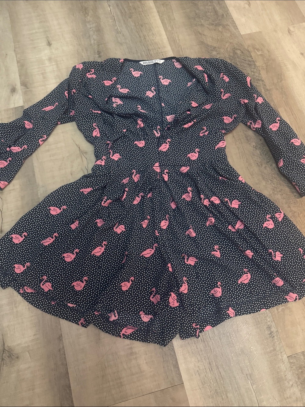 ZARA Black Polka Dot Romper with Pink Flamingo Print - Women's Long Sleeve